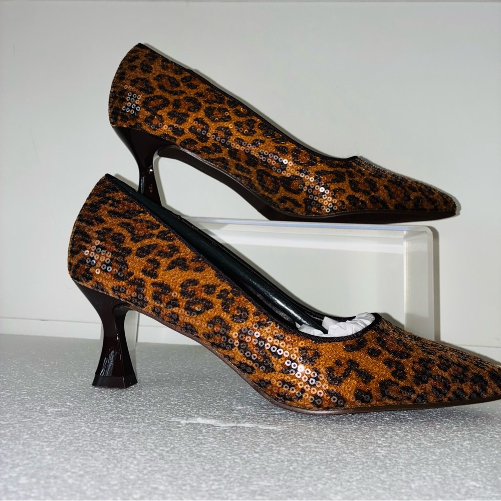 Brown Leopard Print Sequins Heels with Sculptural Curved Heel